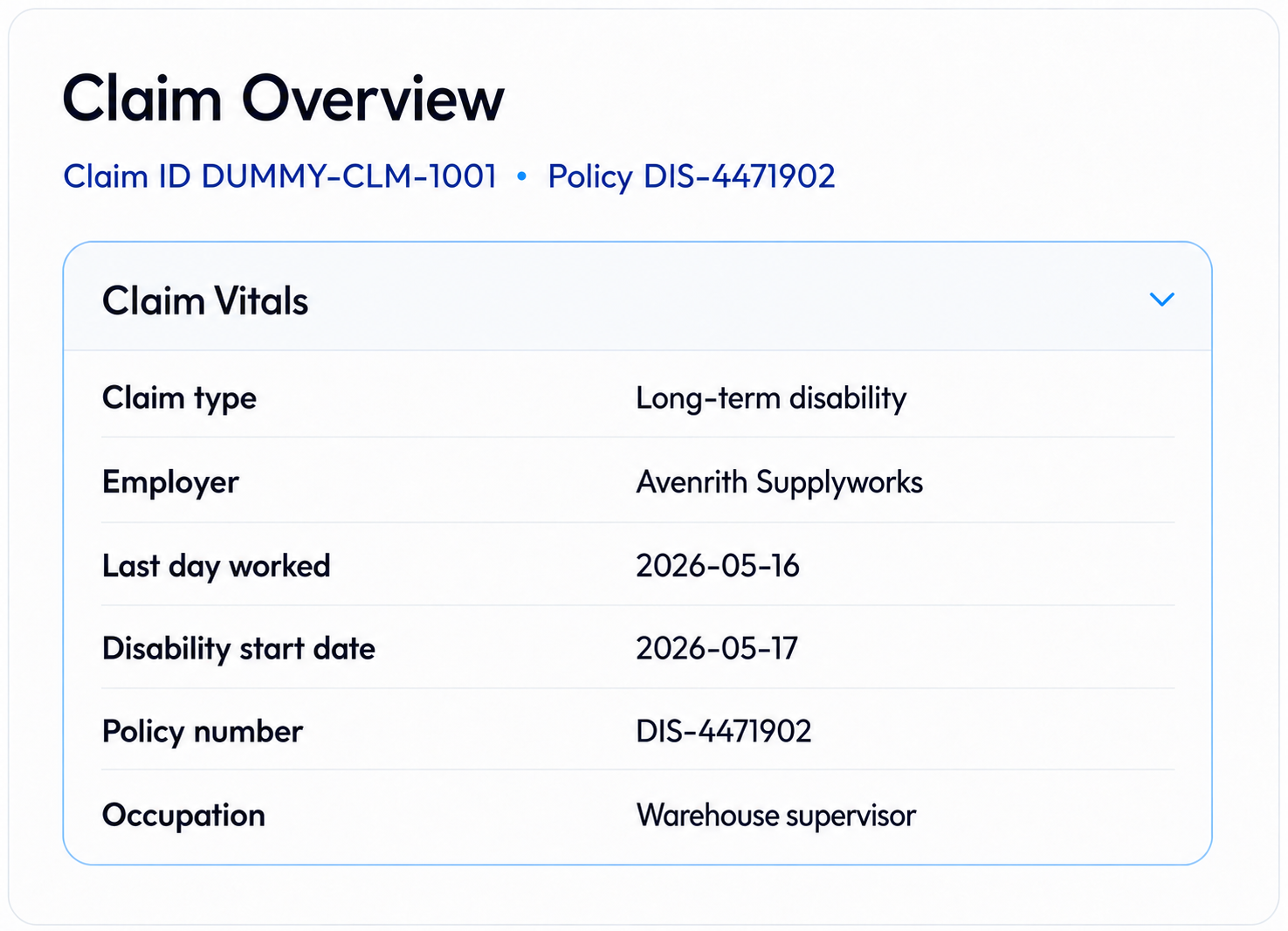 Fictional claim review overview showing long-term disability claim type, employer, work dates, policy, and occupation.